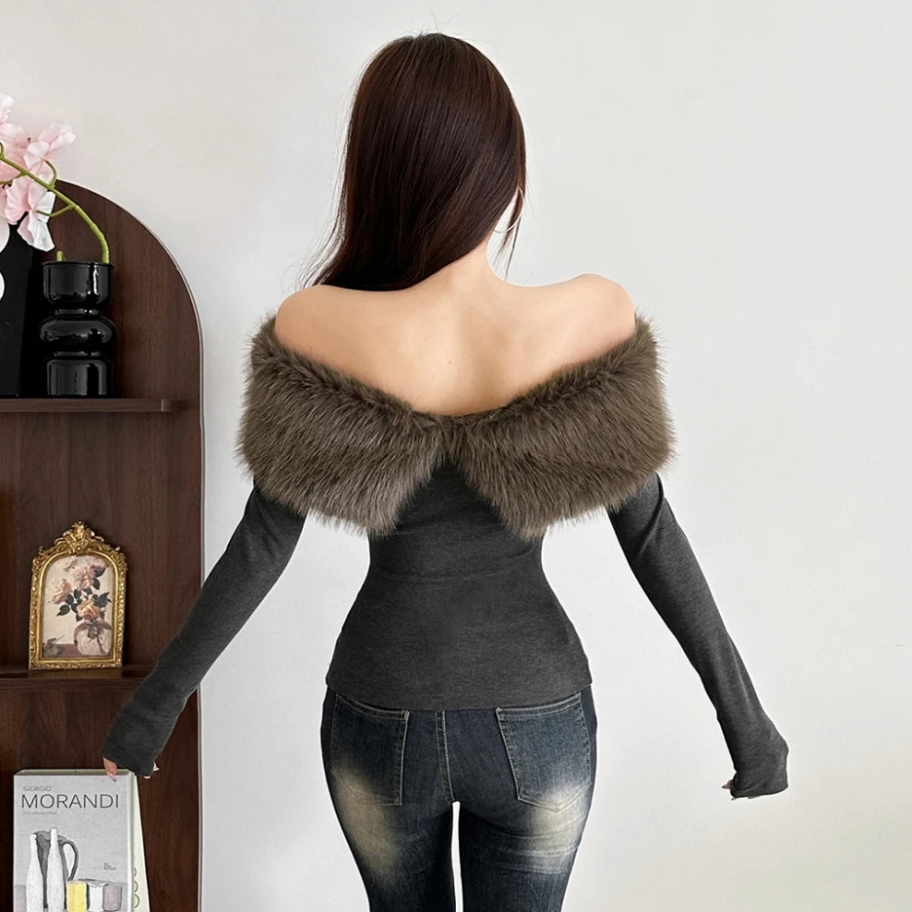 تي شيرتات SylCue خريفية جديدة للنساء، مرقعة بالفرو، رقبة مائلة، بدون ظهر، أكمام طويلة، موضة الشارع، قمم كلاسيكية جذابة