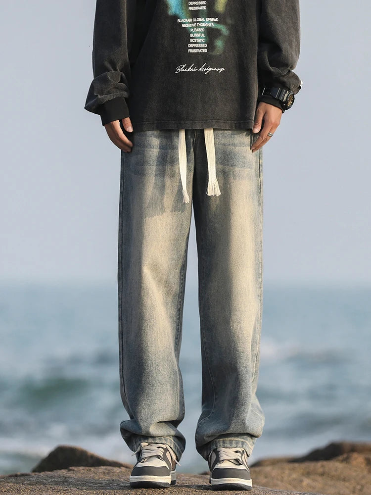 2025 Spring/Summer New 4-Color Retro Aged Men's Loose Straight leg Jeans Fashion Korean High Street Denim Pants Street Wear Men'