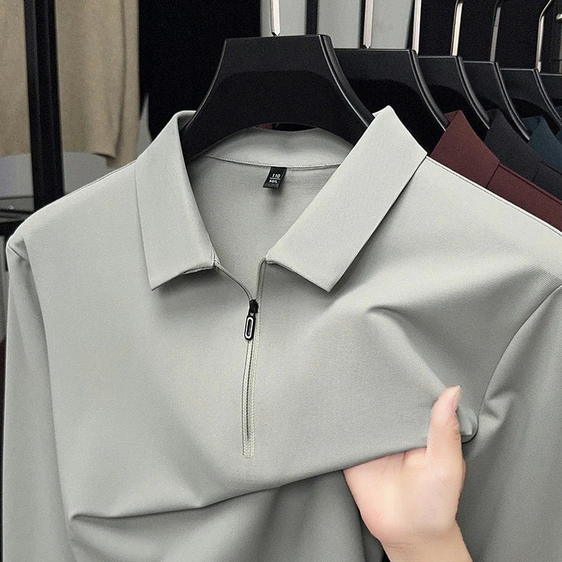 قميص بولو رجالي بأكمام طويلة وسحاب نصفي وياقة دائرية وقميص بولو فضفاض وغير رسمي خريف 2025 بلون نقي وقاعدة علوية