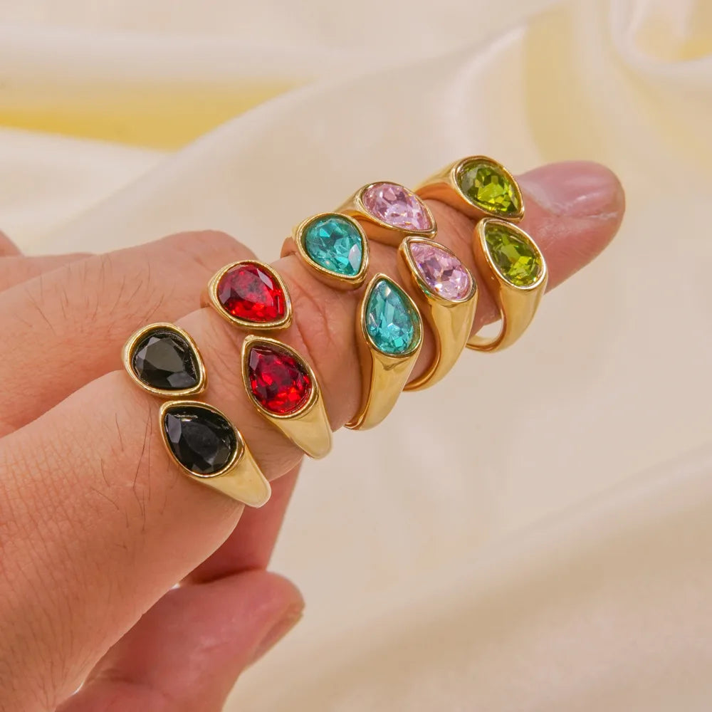 خواتم كارليدانا الفاخرة المفتوحة من التيتانيوم والفولاذ والزركونيا للنساء، مطلية بالذهب عيار 14 قيراطًا، مصنوعة من الفولاذ المقاوم للصدأ، على شكل قطرة ماء مرصعة بالزركون.