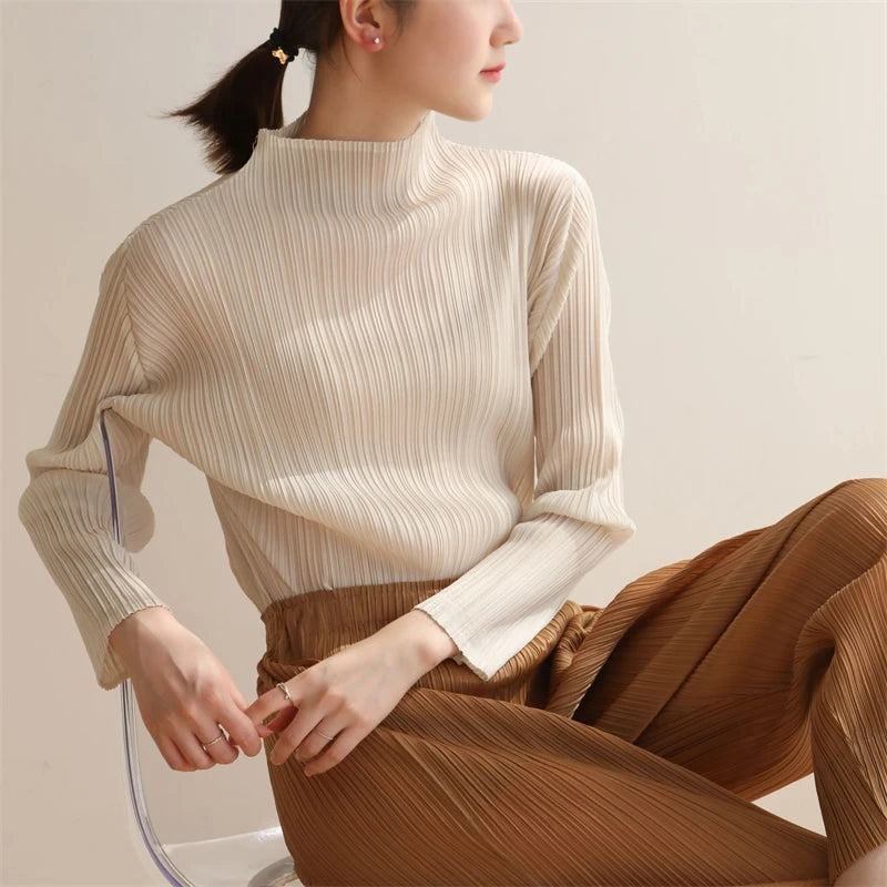 Miyake Pleated T-Shirt Woman Stand Collar Solid Color Loose Wild Full Sleeve Pullover Tops Causal Style Over Size Fall 2022 New