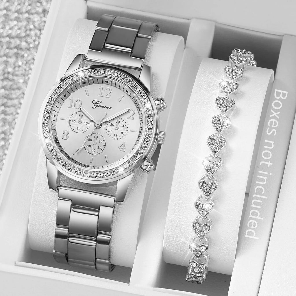 ساعة نسائية أنيقة من الفولاذ المقاوم للصدأ باللون الفضي، تعمل بالكوارتز، مع سوار مرصع بالألماس