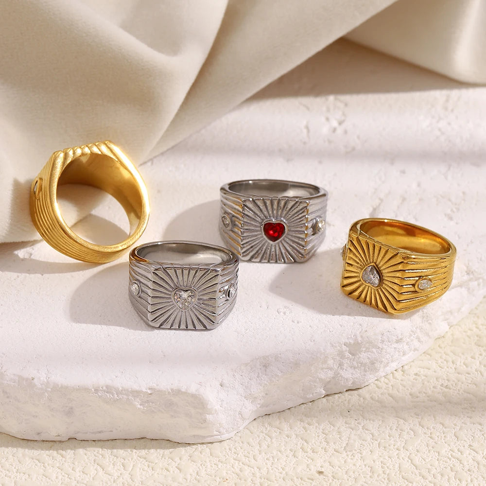 خاتم ماما سيتا سلاي عريض من الفولاذ المقاوم للصدأ 316L مرصع بالزركون على شكل قلب، مقاوم للماء، هدية مثالية للذكرى السنوية للنساء، مطلي بالذهب عيار 18 قيراطًا