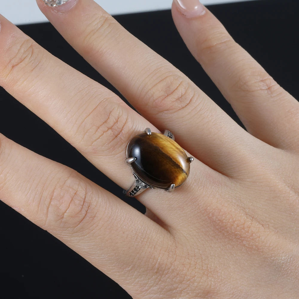 100% natural gemstone tiger-eye Retro style adjustable ring copper-plated silver ring for women men jewelry gift