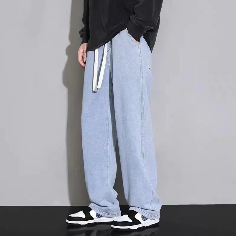 2026New Streetwear Loose Jeans Men Korean Style Fashion Loose Straight Wide Leg Pants Men's Brand Clothing Black Light Blue