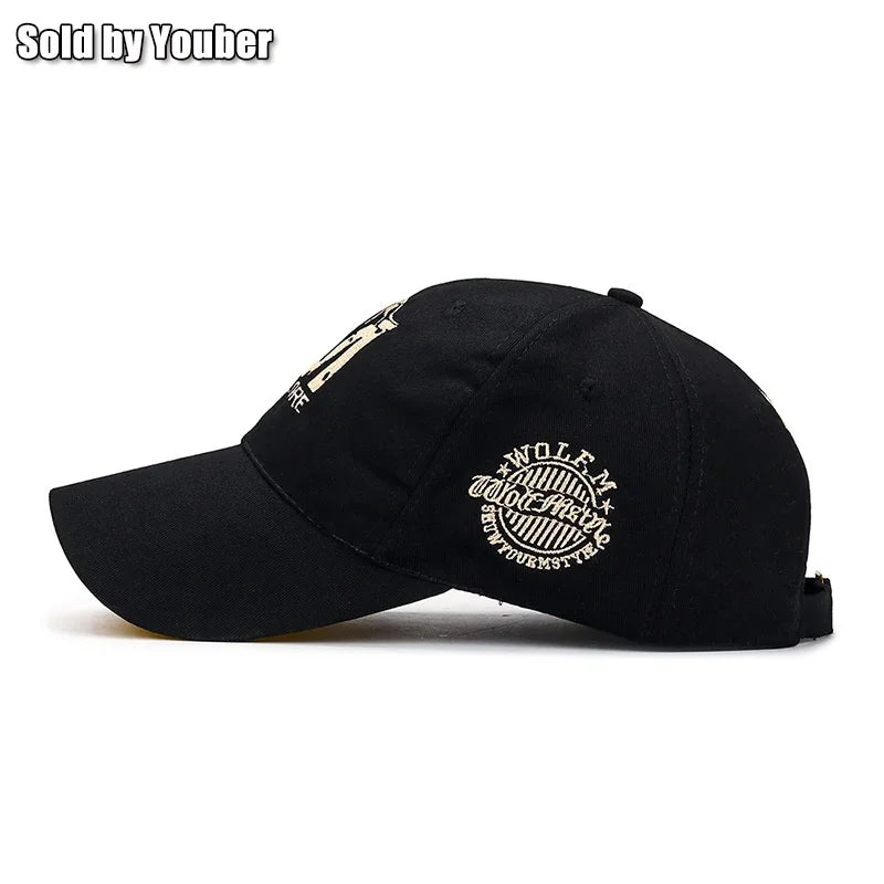 قبعة بيسبول قابلة للتعديل من القطن بتطريز حرف M على شكل طوطم ذئب وقبعة شمس وقبعات سائقي الشاحنات وقبعات للأب