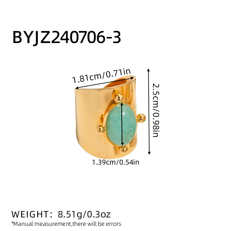 خاتم أنيق من الفولاذ المقاوم للصدأ مرصع بحجر الفيروز الأخضر الطبيعي والمالاكيت، قطعة مجوهرات صيفية كبيرة بتصميم بوهيمي للنساء