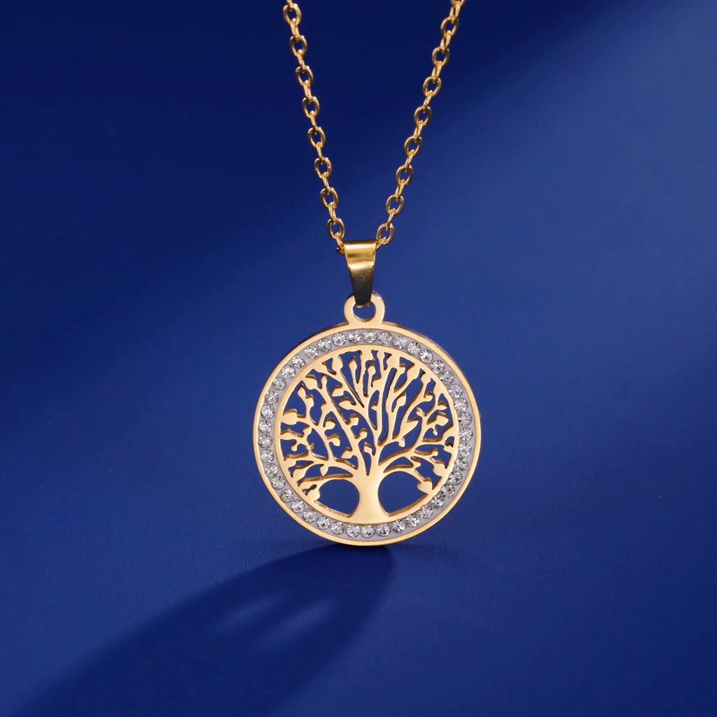 Skyrim Tree of Life Necklace for Women Stainless Steel Gold Color Clear Zircon Round Pendant Neck Chains Luxury Wedding Gift