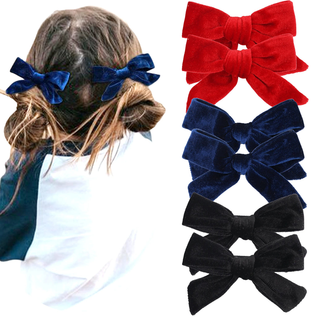 ٦ قطع/٣ أزواج من مشابك شعر مخملية على شكل فيونكات شعر للبنات الصغيرات، فيونكات شعر معدنية ٤ بوصة، مشابك شعر، إكسسوارات شعر للبنات الصغيرات