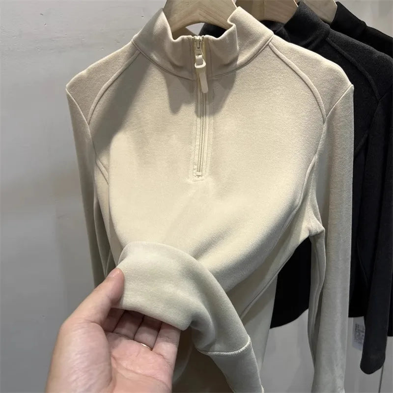 بلوزة نسائية بأكمام طويلة وياقة قائمة وسحاب شبه مرتفع مع طبقة أساسية من الصوف لفصل الخريف والشتاء