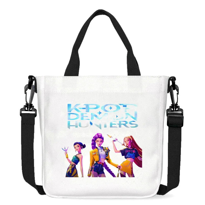 حقيبة قماشية للفتيات بتصميم صيادي أنمي شياطين من كيبوب، حقيبة يد مربعة أرجوانية بسيطة، حقيبة كتف متقاطعة، هدية عيد ميلاد