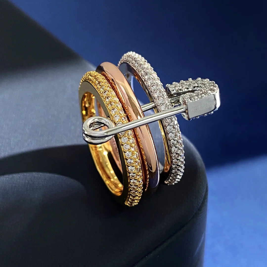 خواتم ثلاثية الطبقات بتصميم دبوس للنساء، مرصعة بالزركونيا المكعبة، قابلة للتكديس، مصنوعة من الفولاذ المقاوم للصدأ، هدية مثالية للعام الجديد ومجوهرات للحفلات.