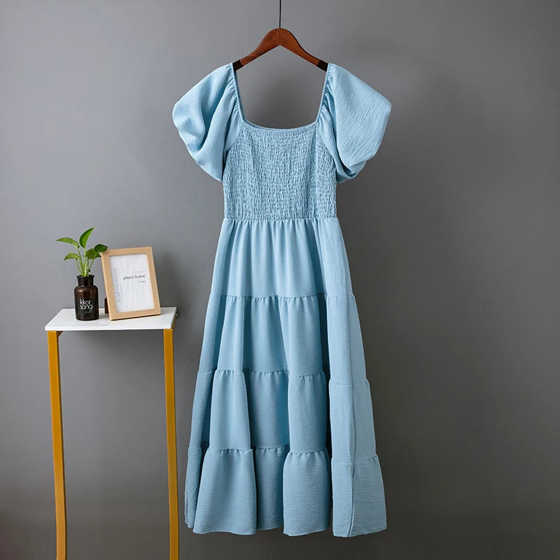 Elegant Solid Long Dresses Summer New Sexy Backless Slash Neck Elastic Dress Women High Waist Puff Sleeve Maxi Dress Elegant