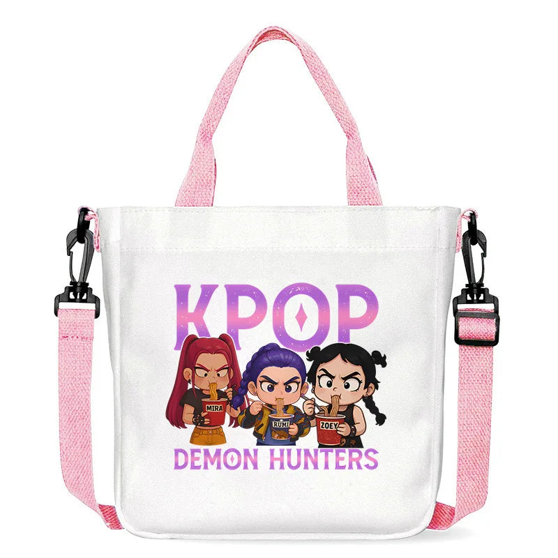 حقيبة قماشية للفتيات بتصميم صيادي أنمي شياطين من كيبوب، حقيبة يد مربعة أرجوانية بسيطة، حقيبة كتف متقاطعة، هدية عيد ميلاد