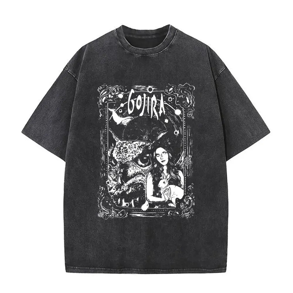 تي شيرت رجالي ونسائي بتصميم قوطي كبير الحجم مصنوع من القطن الخالص، مطبوع عليه شعار فرقة جوجيرا من المريخ إلى سيريوس، بطبعة معدنية عتيقة مغسولة