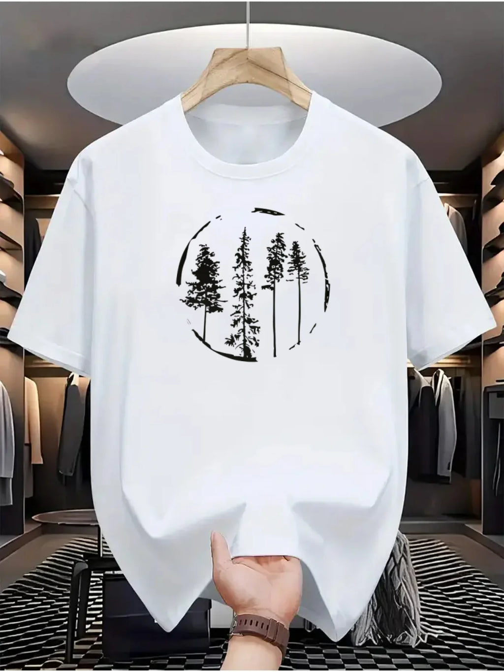 تيشيرت رجالي صيفي عصري فضفاض مطبوع عليه نقشة أشجار الغابة، مصنوع من القطن بنسبة 100%، بياقة دائرية وأكمام قصيرة.
