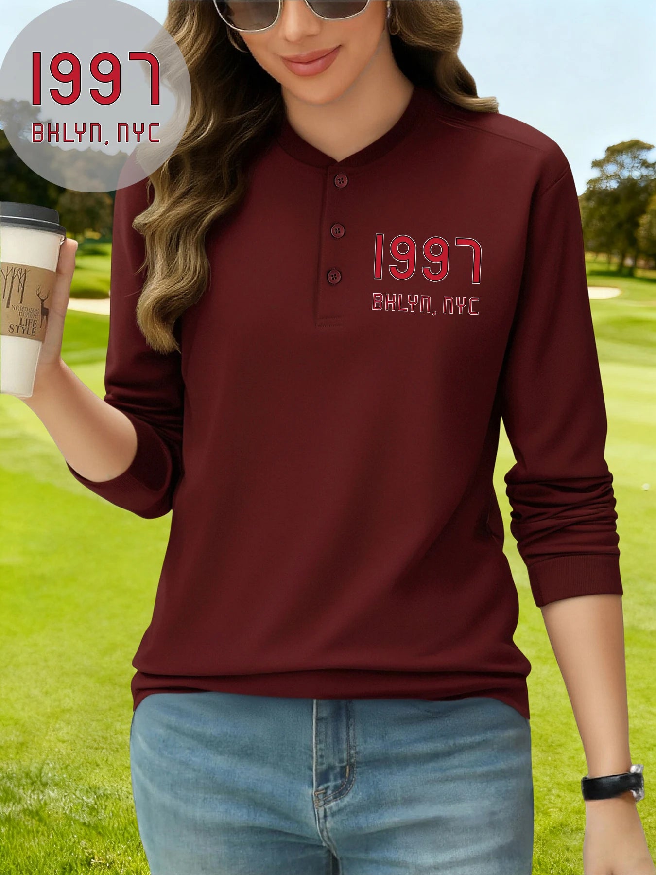 قميص نسائي أساسي رياضي خريفي بأكمام طويلة من Bhlyn New York City مطبوع عليه Henley من عام 1997، قمصان قطنية برقبة هنري، ملابس عمل