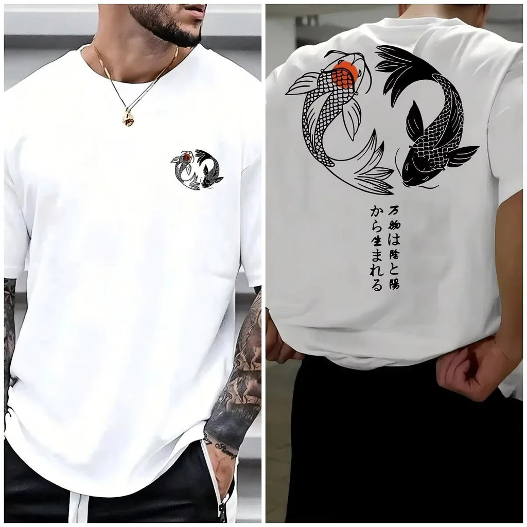 Koi Harajuku Pattern Japanese Men T-shirt Summer Casual Pure Cotton Y2K Street Retro Daily Simple Loose Fitness Run Short Sleeve