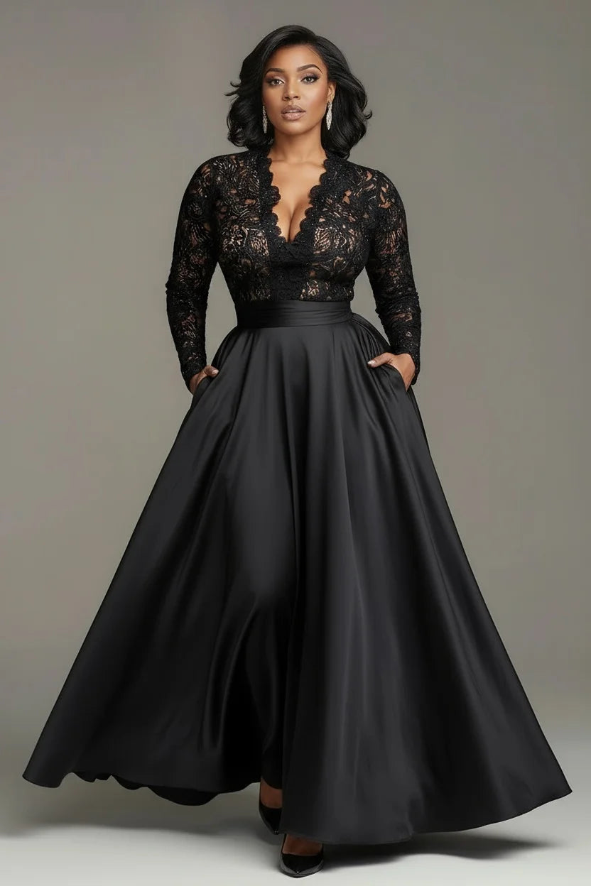 Sexy V-Neck Cocktail Plus Size Dress for Women's Pockets Long Sleeve Elegant Satin Lace Patchwork Wwedding Guest Evening Dress