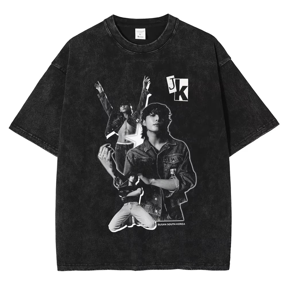تي شيرت رجالي ونسائي بأكمام قصيرة بتصميم قوطي من Streetwear Golden Moments Jungkooks Hip Hop Washed Vintage T-Shirt مقاس كبير بأكمام قصيرة من القطن للجنسين
