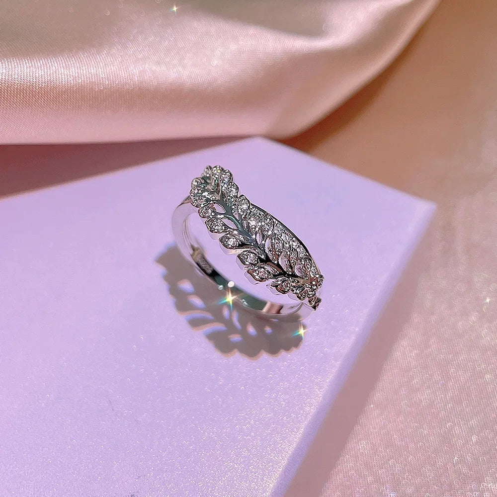 خواتم من الفضة الإسترليني عيار 925 للنساء، خاتم بتصميم ريشة مرصع بالزركونيا المكعبة، خاتم زفاف رومانسي