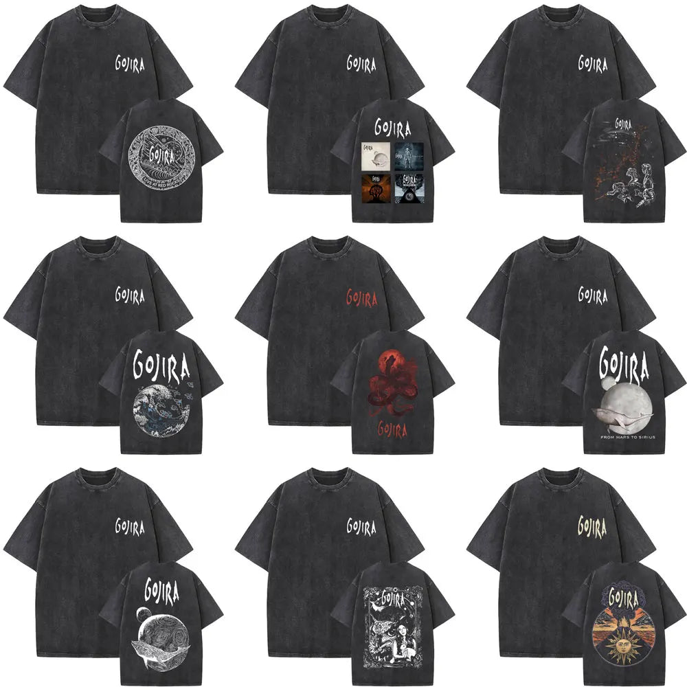 تي شيرت Gojira المعدني المغسول العتيق من المريخ إلى الشعرى اليمانية الحيتان الطائرة الثعبان تي شيرتات جرافيكية أزياء رجالية تي شيرتات كبيرة الحجم