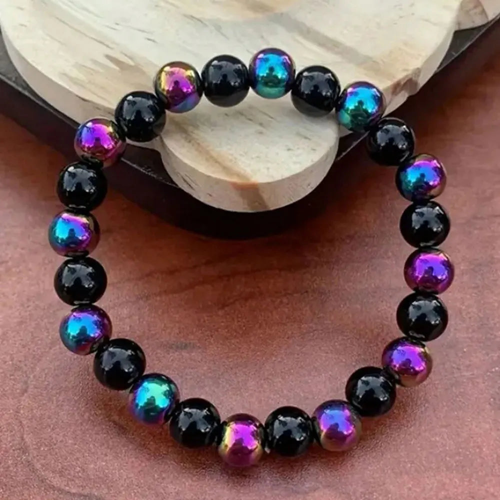 سوار من حجر العقيق البركاني قوس قزح مقاس 8 مم على الطراز البوهيمي - مجوهرات مصنوعة يدويًا للجنسين، مناسبة للارتداء اليومي والحفلات والهدايا