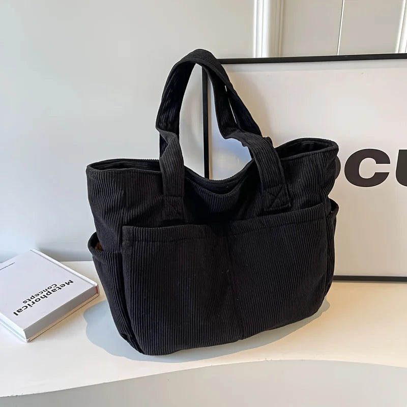 Women's Casual Corduroy Tote Bag Striped Shoulder Bag with Fixed Straps Zipper Large Capacity Handbag for Daily Outings and Shop