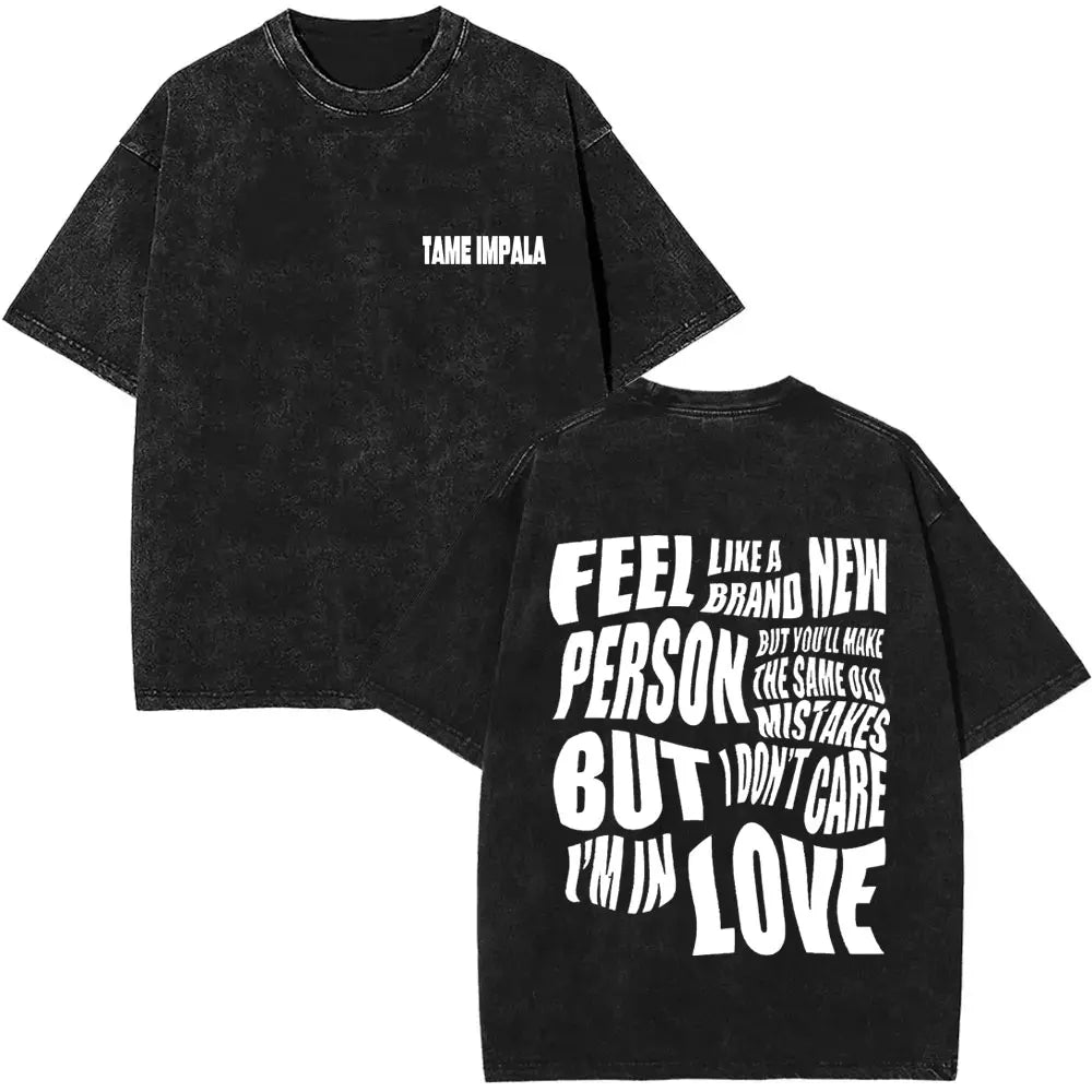 تي شيرت رجالي كاجوال فضفاض بأكمام قصيرة من القطن مطبوع عليه عبارة VintageWashed Pop Rock Band Tames Impala Current Graphic Print