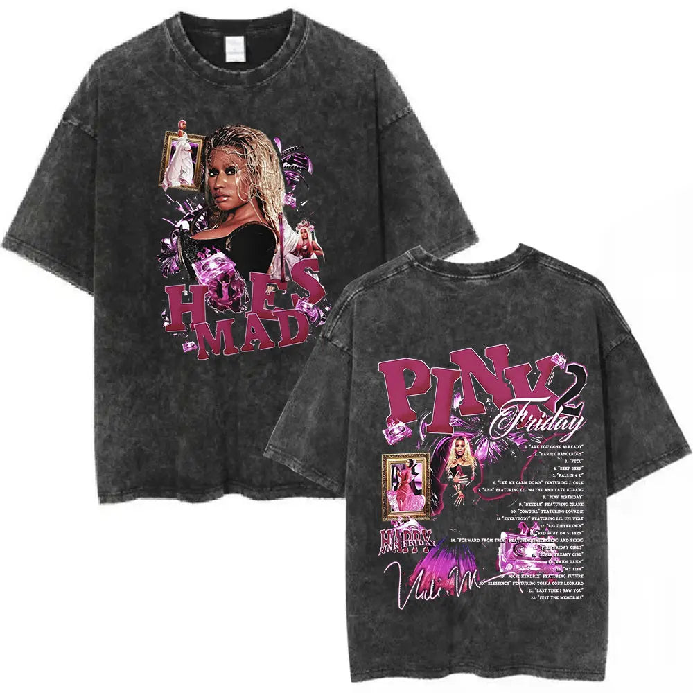 تي شيرت نيكي ميناج بينك فرايداي 2 وورلد تور القديم المغسول للرجال والنساء من القطن غير الرسمي فضفاض وكبير الحجم هدية للمعجبين ملابس الشارع