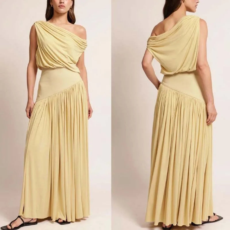 Female Clothing Women's Dress 2025 New Elegant Slant Neck Off-Shoulder Waist Long Solid Color Dresses Elegant Party Dresses 2025