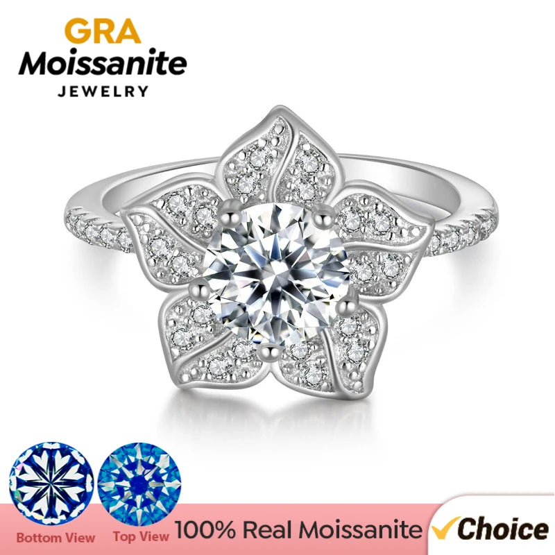 خاتم زهرة مخصص من الماس المويسانيتي الحقيقي المعتمد من GRA 1 قيراط للنساء، مصنوع من الفضة الإسترلينية 925، مجوهرات عالية الجودة