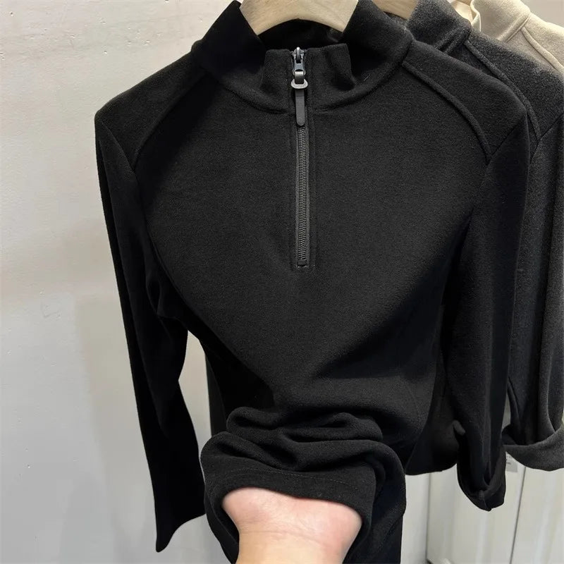 بلوزة نسائية بأكمام طويلة وياقة قائمة وسحاب شبه مرتفع مع طبقة أساسية من الصوف لفصل الخريف والشتاء