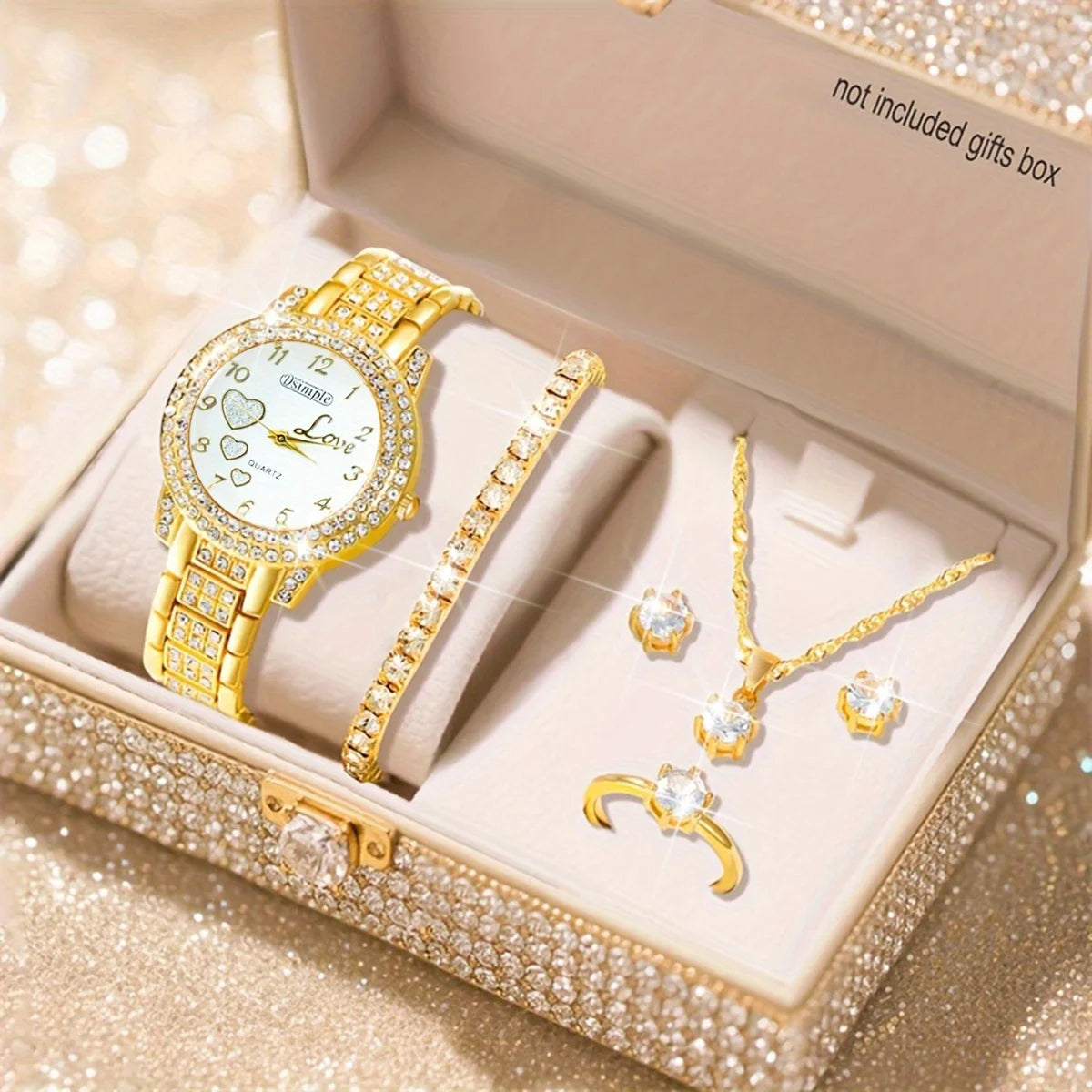 طقم ساعة يد كوارتز أنيقة للسيدات مكون من 6 قطع مع مجوهرات - هدية مثالية للنساء، عيد الحب، تصميم أنيق