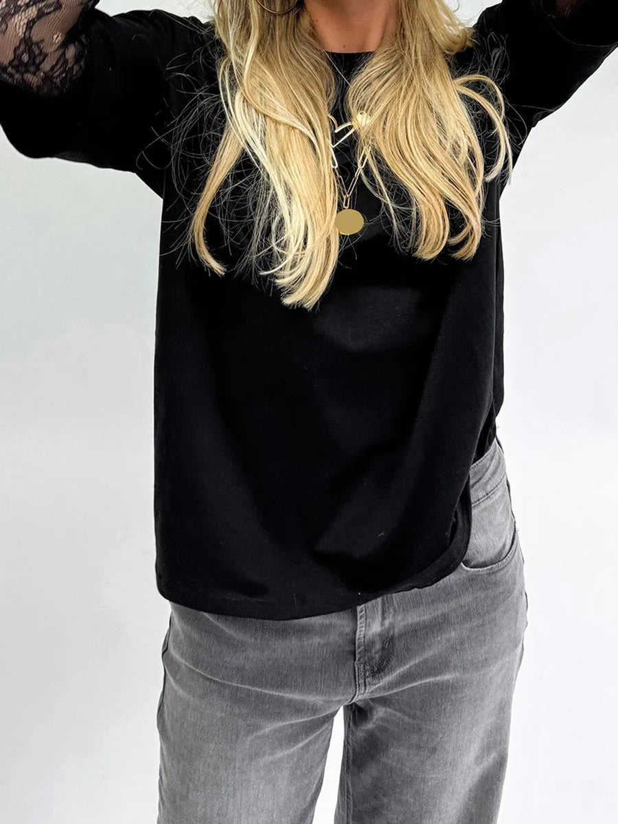 تيشيرت نسائي برقبة دائرية وأكمام طويلة من الدانتيل، مناسب للإطلالات الكاجوال، مثالي لفصلي الربيع والخريف، بقصة فضفاضة، لون موحد، مناسب لملابس الشارع، مستوحى من موضة الألفية الجديدة.