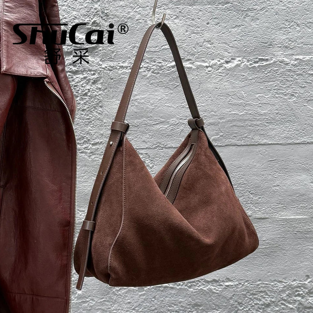 Genuine Grade Suede Leather Luxury Designer Large Capacity Women's Tote Bag Vintage Shoulder Crossbody Underarm Bags Trendy New