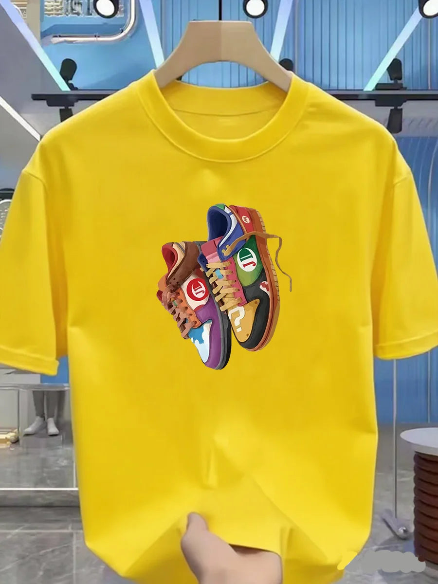 تي شيرت رجالي صيفي قطني - ماركة أزياء - نمط ملابس رياضية ضيقة - نمط عصري للمراهقين - حذاء مطبوع - بلوزة بأكمام قصيرة