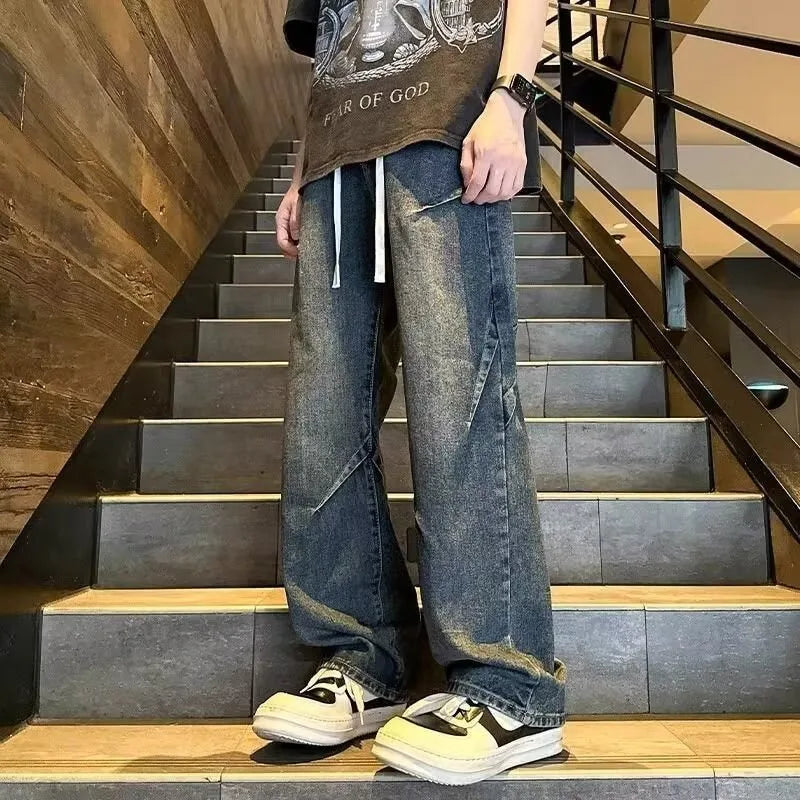 Autumn & Spring New Arrival Men's Pants: Retro Streetwear Denim Loose Straight Fit Wide Leg Long Trendy Versatile Men's Trousers