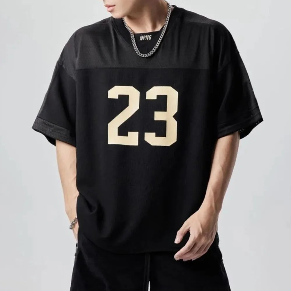 تي شيرت رجالي رياضي أمريكي مطبوع عليه أرقام، جيرسيه بخياطة شبكية، فضفاض بأكمام قصيرة، ملابس رجالية كاجوال قابلة للتنفس