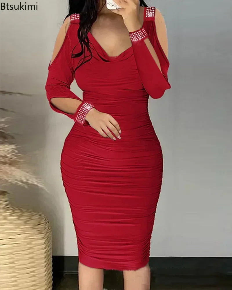 2025Women's Sexy Elegant Off Shoulder Party Tight Dress Red Color V-Neck Hollow Out Diamond Long Sleeve Stacked Slim Dress Women
