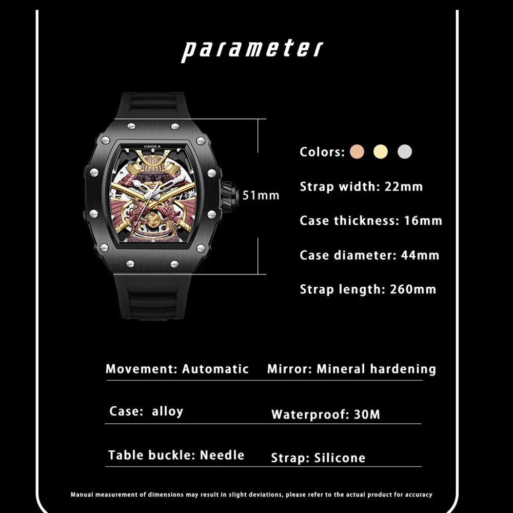 ساعة ONOLA الرجالية الأوتوماتيكية الفاخرة ذات العلامة التجارية الميكانيكية المضيئة المقاومة للماء ساعات رياضية عسكرية للرجال هدايا للرجال