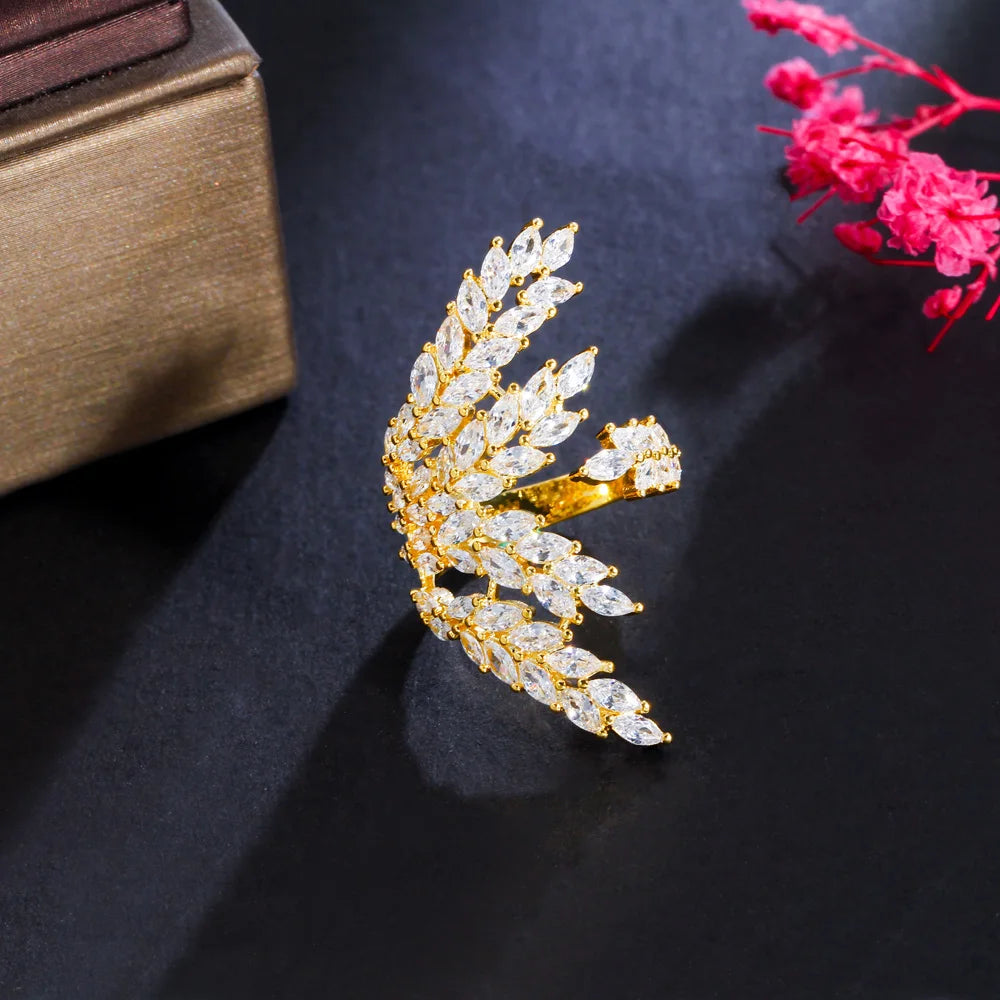 خاتم نسائي كبير مفتوح قابل للتعديل من الزركون المكعب اللامع على شكل ورقة شجر، مطلي بالذهب الأبيض، من CWWZircons، مناسب للحفلات، R215