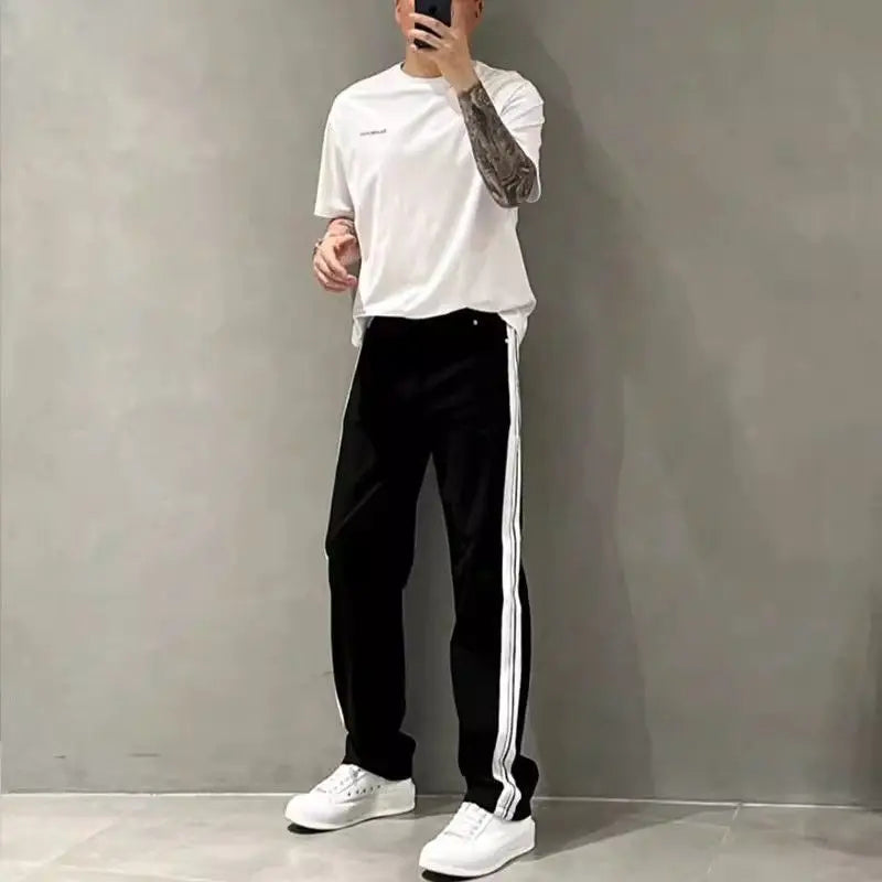 2025 Autumn New Style Jeans Men's Trendy Loose Side Strip Webbing Straight Pants for Youth Versatile Washing Wide-leg