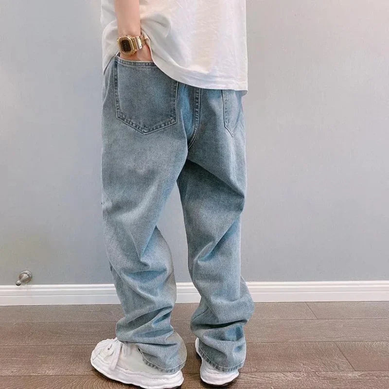Hip Hop Harajuku Men Baggy Jeans Light Blue Straight Oversize Casual Wide Leg Denim Pants Streetwear Loose Korean Trousers