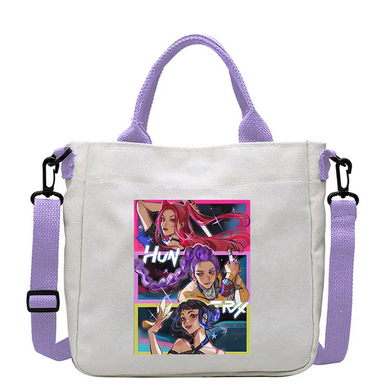 حقيبة قماشية للفتيات بتصميم صيادي أنمي شياطين من كيبوب، حقيبة يد مربعة أرجوانية بسيطة، حقيبة كتف متقاطعة، هدية عيد ميلاد