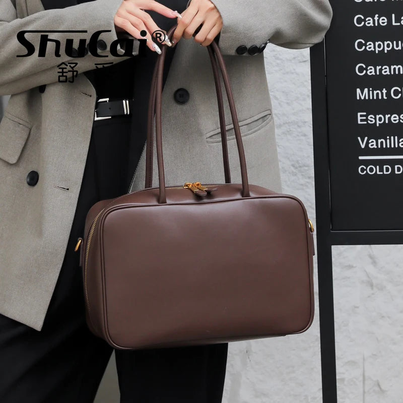 حقائب كتف نسائية أنيقة من الجلد الأصلي باللون الأسود بتصميم فاخر من جلد البقر البني حقيبة كبيرة للنساء حقائب يد نسائية باللون البني