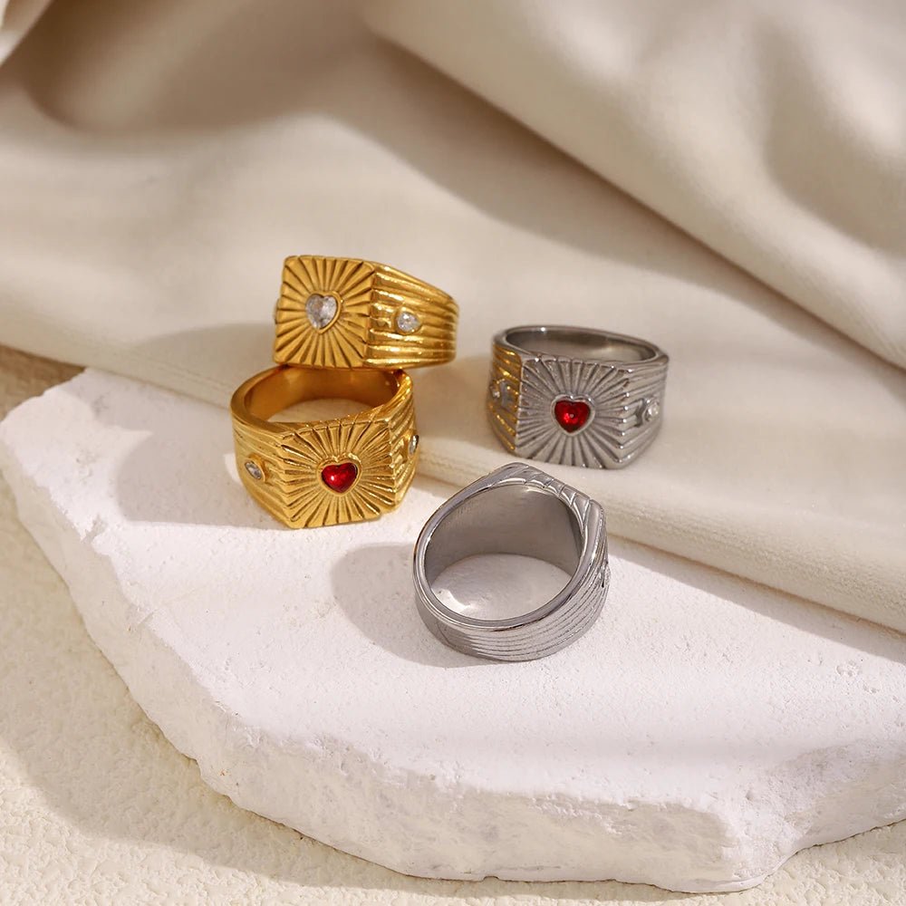 خاتم ماما سيتا سلاي عريض من الفولاذ المقاوم للصدأ 316L مرصع بالزركون على شكل قلب، مقاوم للماء، هدية مثالية للذكرى السنوية للنساء، مطلي بالذهب عيار 18 قيراطًا