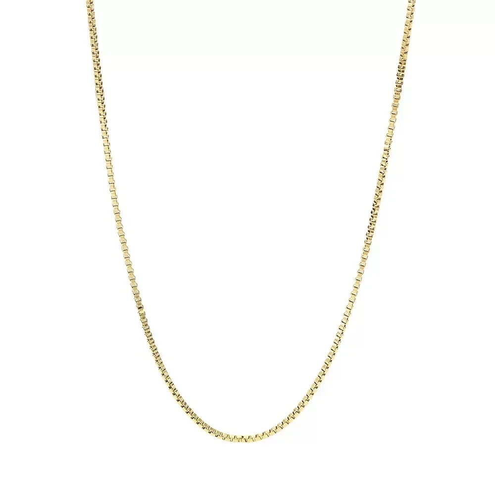 Delicate and timeless, this 925 sterling silver necklace features a sleek 1mm box chain finished in a rich gold plating. Its clean, minimalist design makes it the perfect foundation piece—lightweight yet durable, with a smo