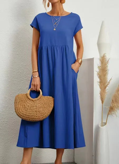 Women Vintage Solid Dress 2023 Summer Elegant O Neck Short Sleeve Cotton Linen Dresses Female Casual Loose Sundress Long Dress