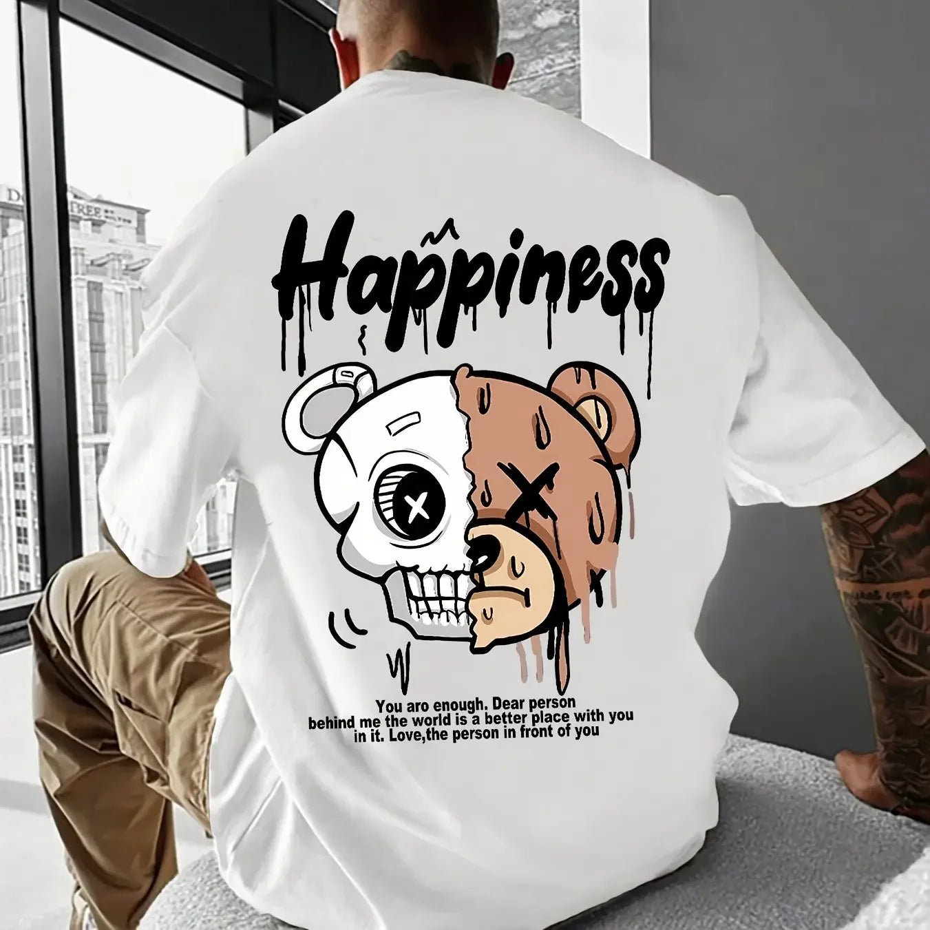 Men's summer 100% pure cotton fashionable casual sports loose cartoon bear pattern print round neck short sleeved T-shirt top